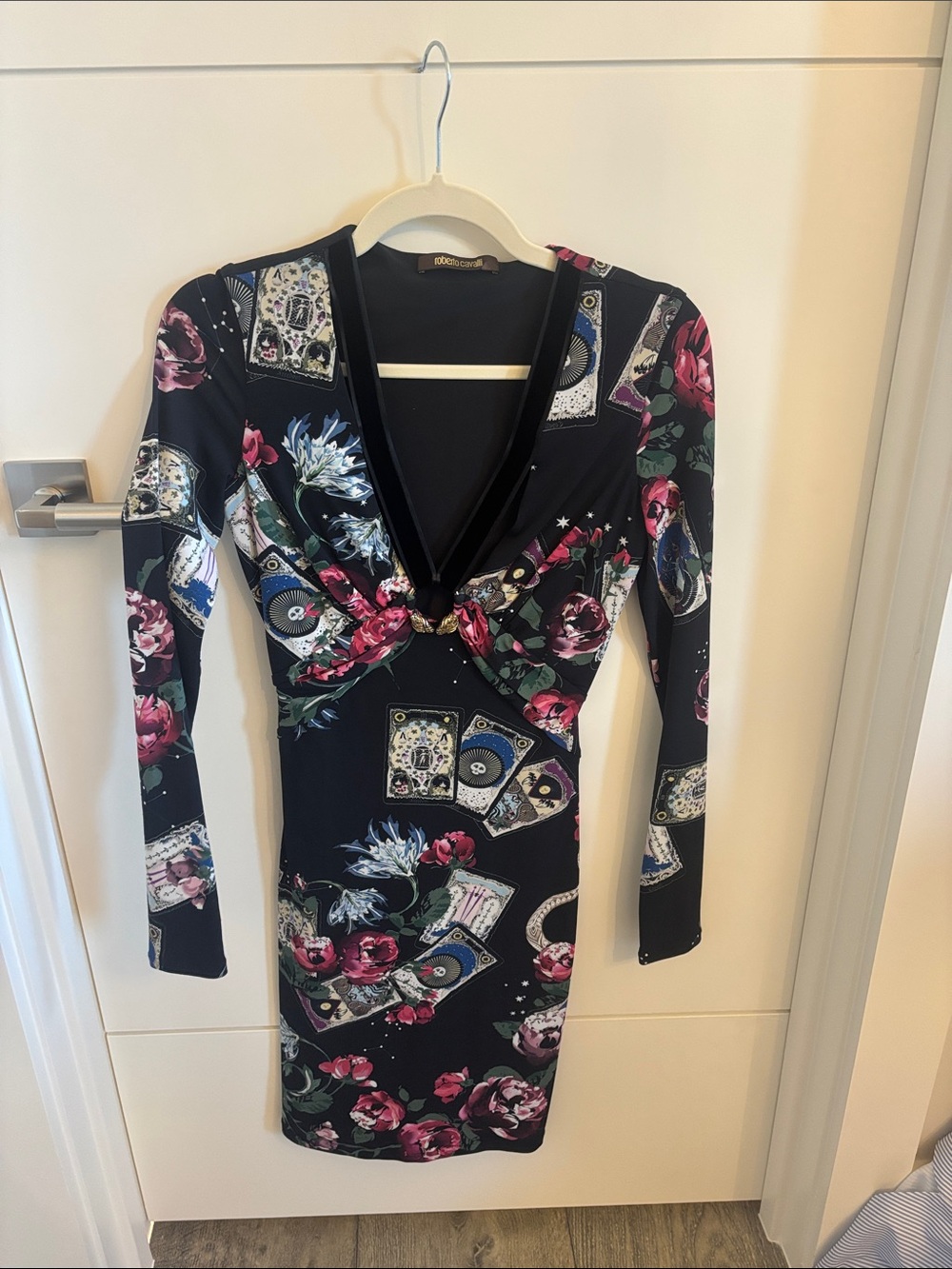 Roberto Cavalli Dark Floral Long-Sleeve V-Neck Bodycon Dress